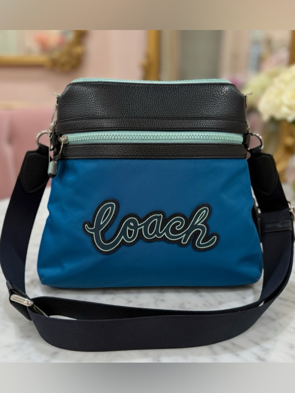 NWT Coach League Zip Crossbody Blue Nylon Leather Messenger Bag MSRP $328